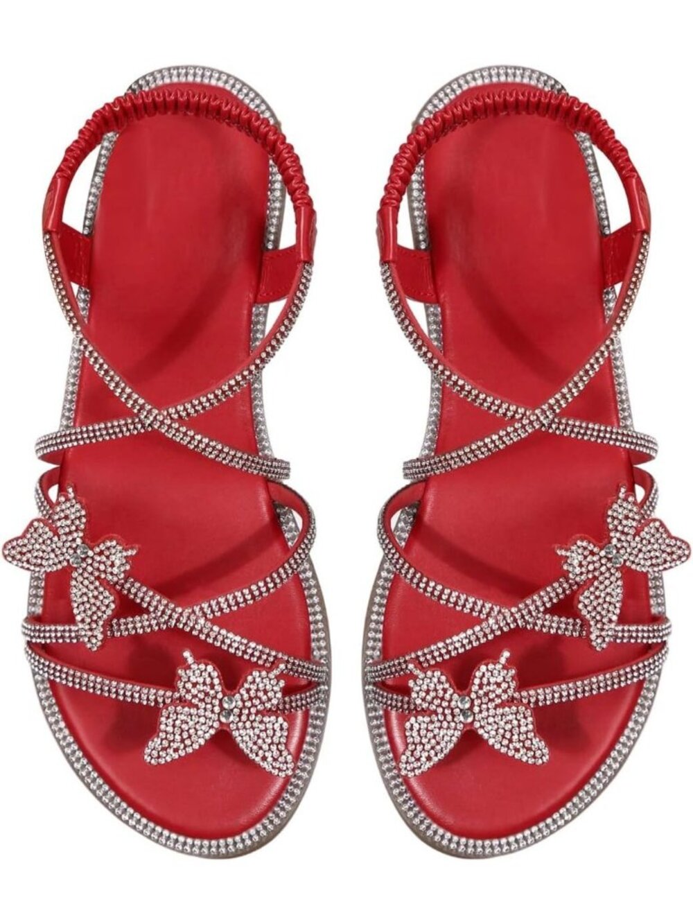 Women's Red Faux Suede Summer Glitter Open Toe Sparkly Rhinestone Flat Sandals